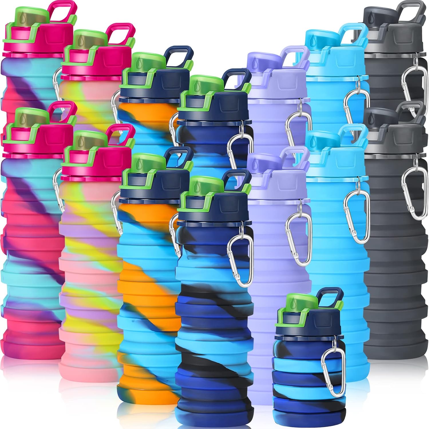 Sunnyray 14 Pack Collapsible Water Bottles Travel 17oz Silicone Portable Foldable Bottles Leak Proof Reusable Sports Cups with Clip for Camping Hiking Cycling Outdoor(Dark Color)