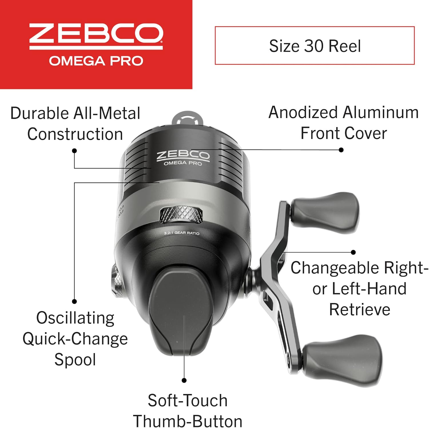 Zebco Omega Pro Spincast Fishing Reel, Dual Ceramic Pick-up Pins, Solid-Brass Pinion Gear, GlideLine ll Line Retrieval System, Pre-Spooled, Black - Image 2