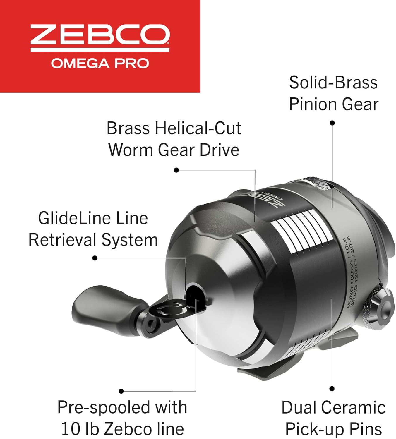 Zebco Omega Pro Spincast Fishing Reel, Dual Ceramic Pick-up Pins, Solid-Brass Pinion Gear, GlideLine ll Line Retrieval System, Pre-Spooled, Black - Image 4